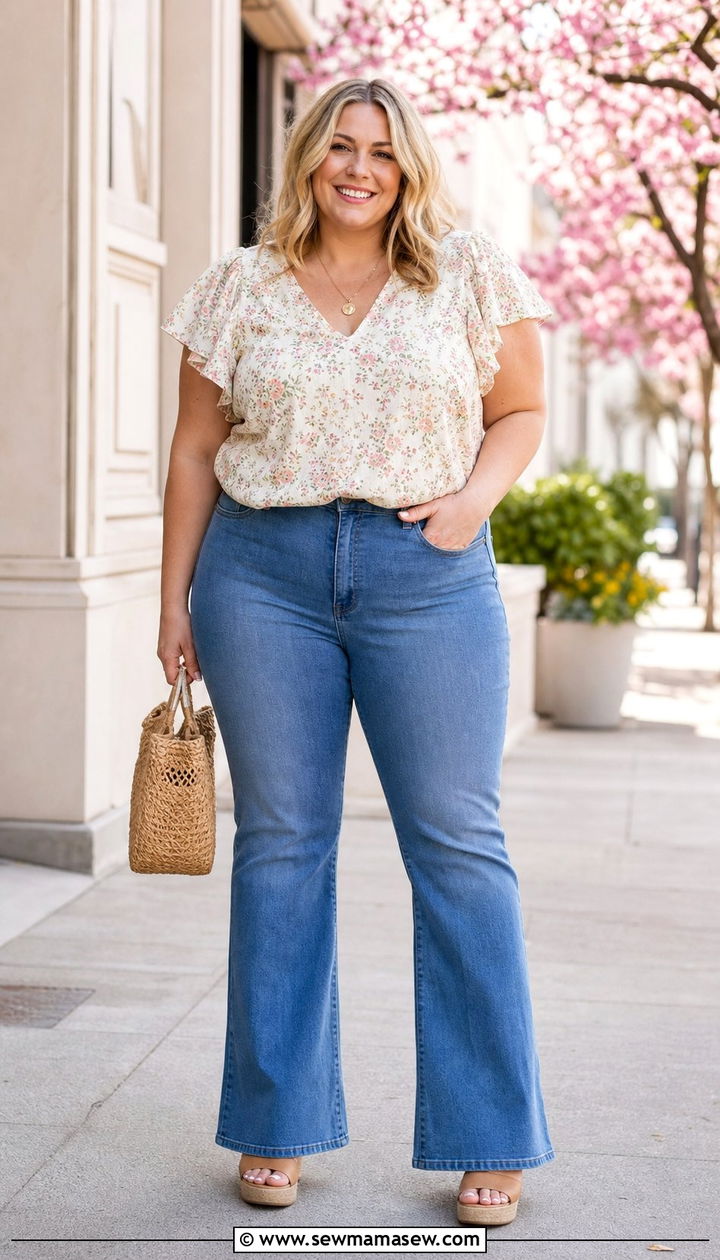 Bootcut jeans with flutter sleeve top - 25 Spring outfits for apple shape