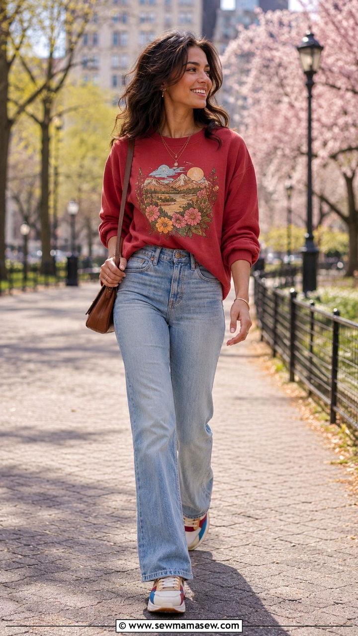 Bootcut jeans with graphic sweater and retro sneakers - 25 Bootcut jeans outfit ideas with a sweater