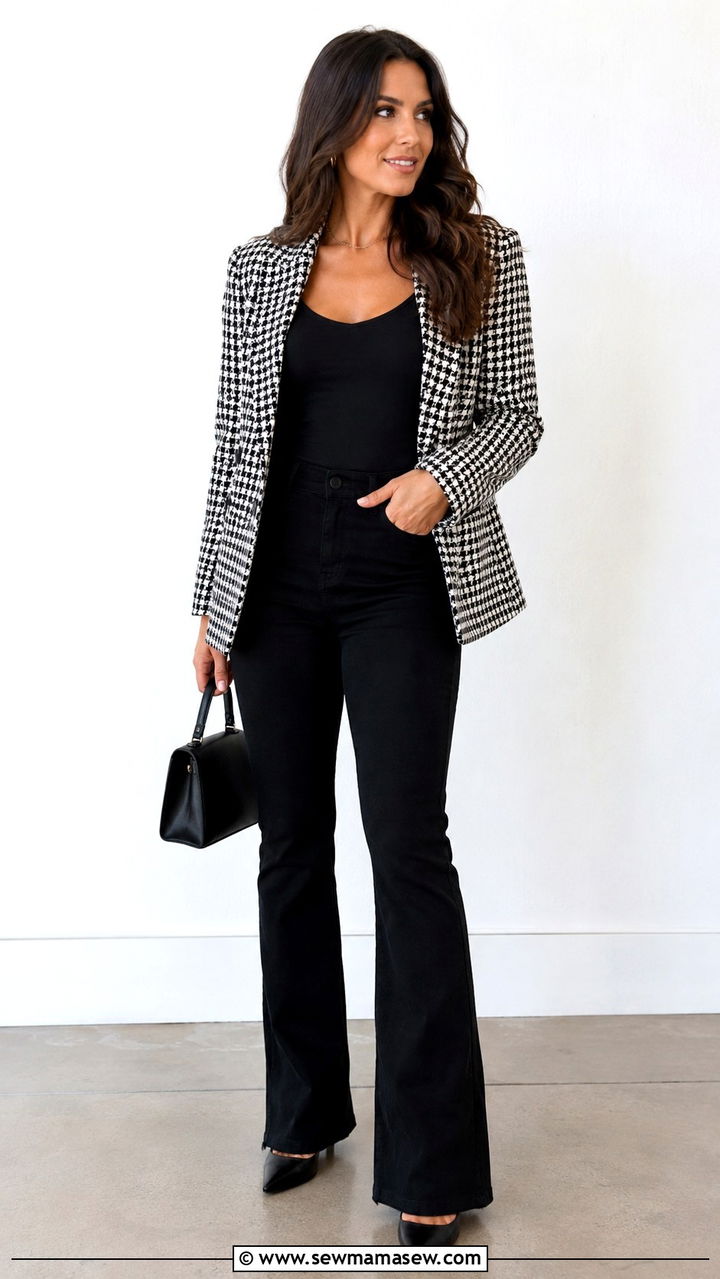 Bootcut jeans with houndstooth blazer - 25 Bootcut jeans outfit ideas with a blazer
