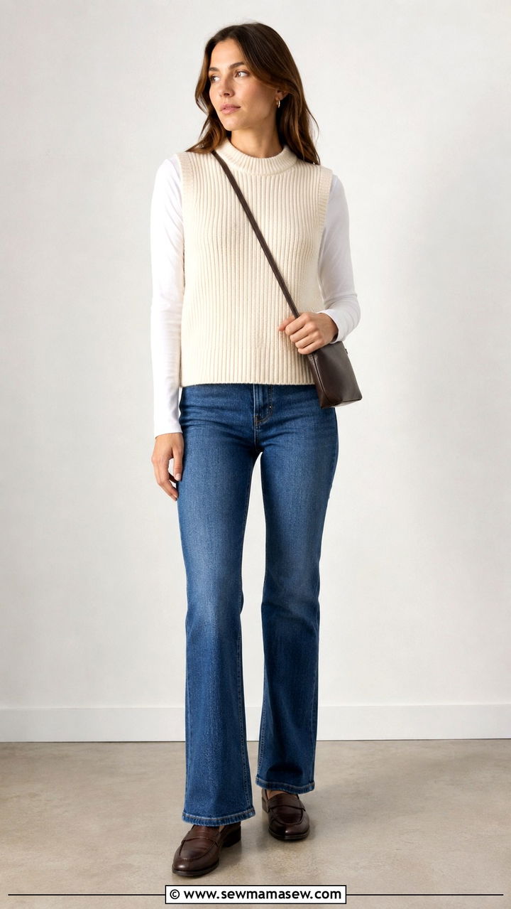 Bootcut jeans with knit vest and classic loafers - 25 Bootcut jeans outfit ideas with loafers
