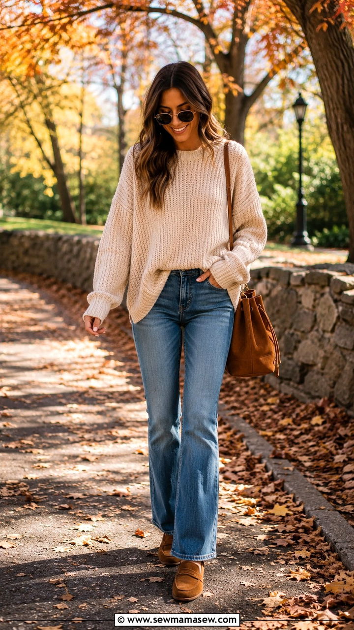 Bootcut jeans with oversized knit sweater and suede loafers - 25 Bootcut jeans outfit ideas with loafers