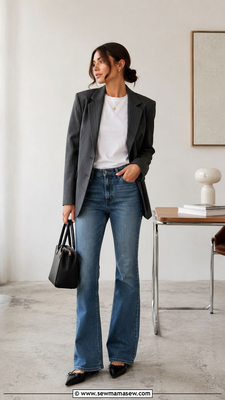 Bootcut jeans with pinstripe blazer - 25 Bootcut jeans outfit ideas with a blazer