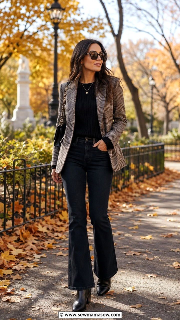 Bootcut jeans with plaid blazer and ankle boots - 25 Bootcut jeans outfit ideas with a blazer