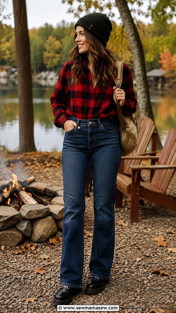 Bootcut jeans with plaid flannel and chunky loafers - 25 Bootcut jeans outfit ideas with loafers