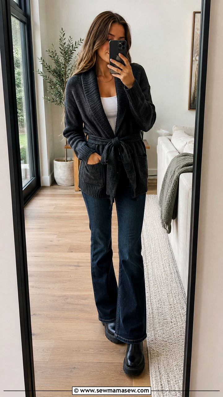 Bootcut jeans with shawl collar cardigan and lug sole boots - 25 Bootcut jeans outfit ideas with a sweater
