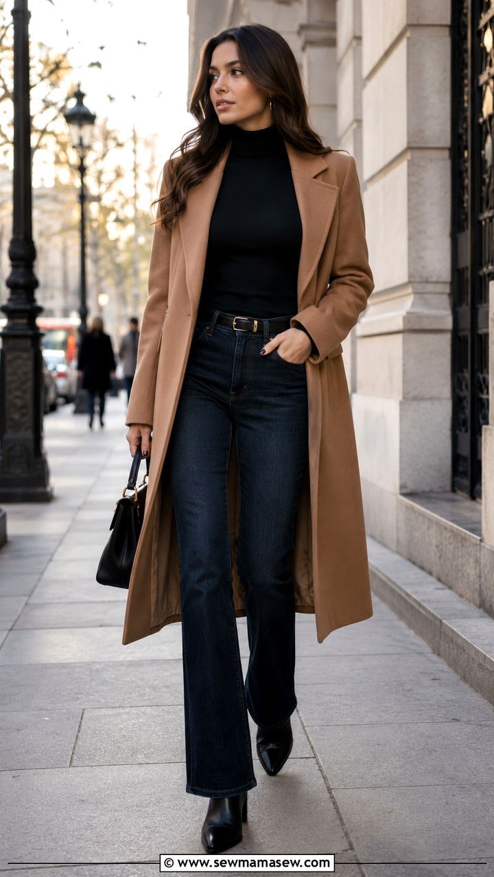 Bootcut jeans with slim fit turtleneck and long wool coat - 25 Bootcut jeans outfit ideas with a sweater