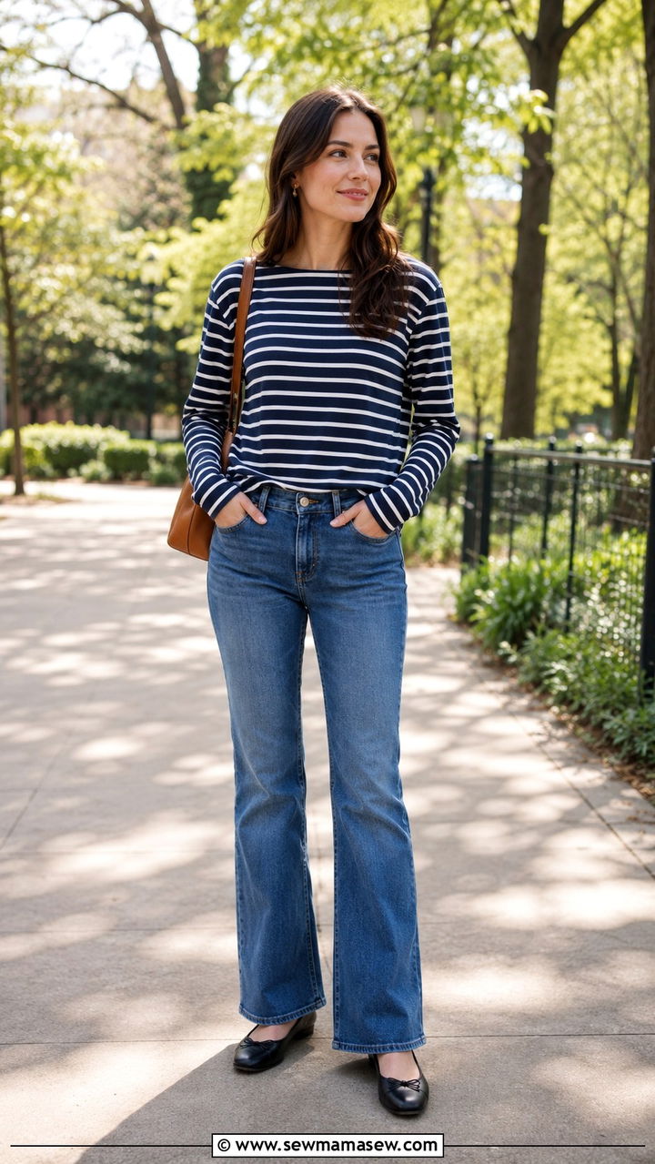 Bootcut jeans with striped sweater and ballet flats - 25 Bootcut jeans outfit ideas with a sweater