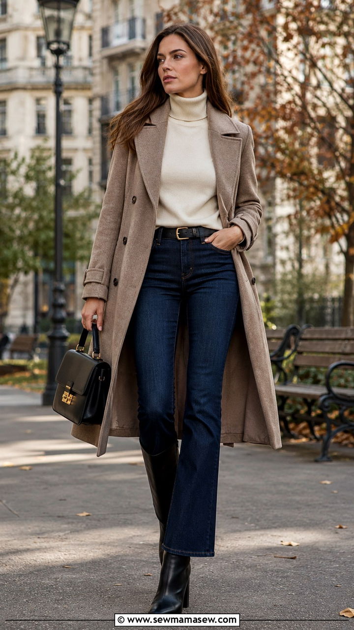 Bootcut jeans with turtleneck and knee high boots - 30 Tall women jeans outfit ideas