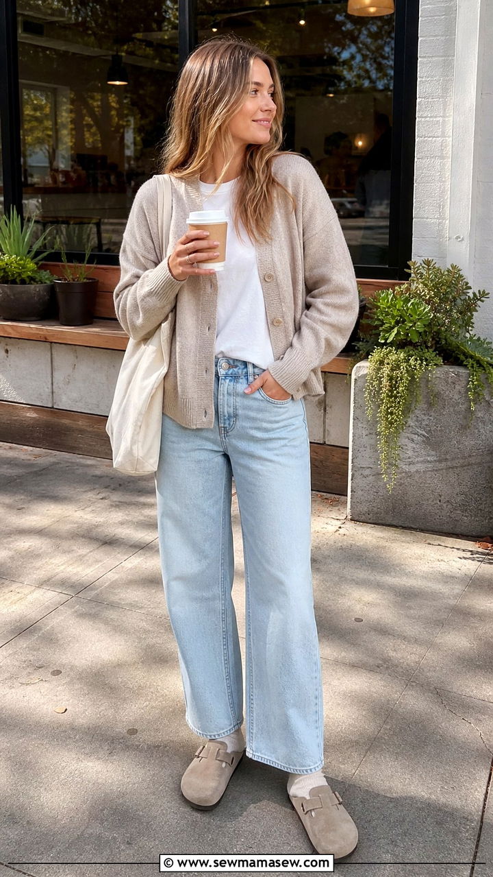 Boston clogs with cardigan and baggy light wash jeans - 40 Birkenstocks outfit ideas