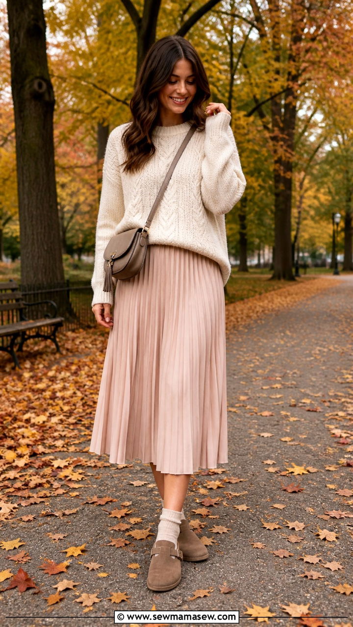 Boston clogs with chunky knit sweater and pleated midi skirt - 40 Birkenstocks outfit ideas