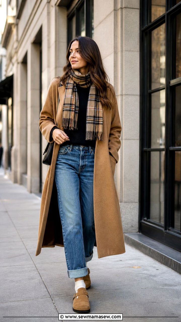 Boston clogs with wool coat and cuffed straight jeans - 40 Birkenstocks outfit ideas