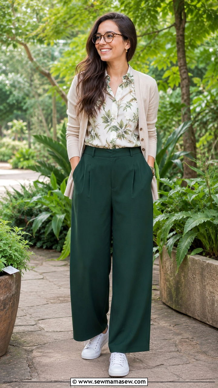 Botanical Print Shirt With Wide Leg Green Trousers Outfit Light Academia - 30 casual light academia outfits