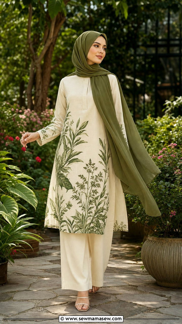 Botanical Print Tunic With Palazzo Pants Outfit - 25 spring outfits for hijab women