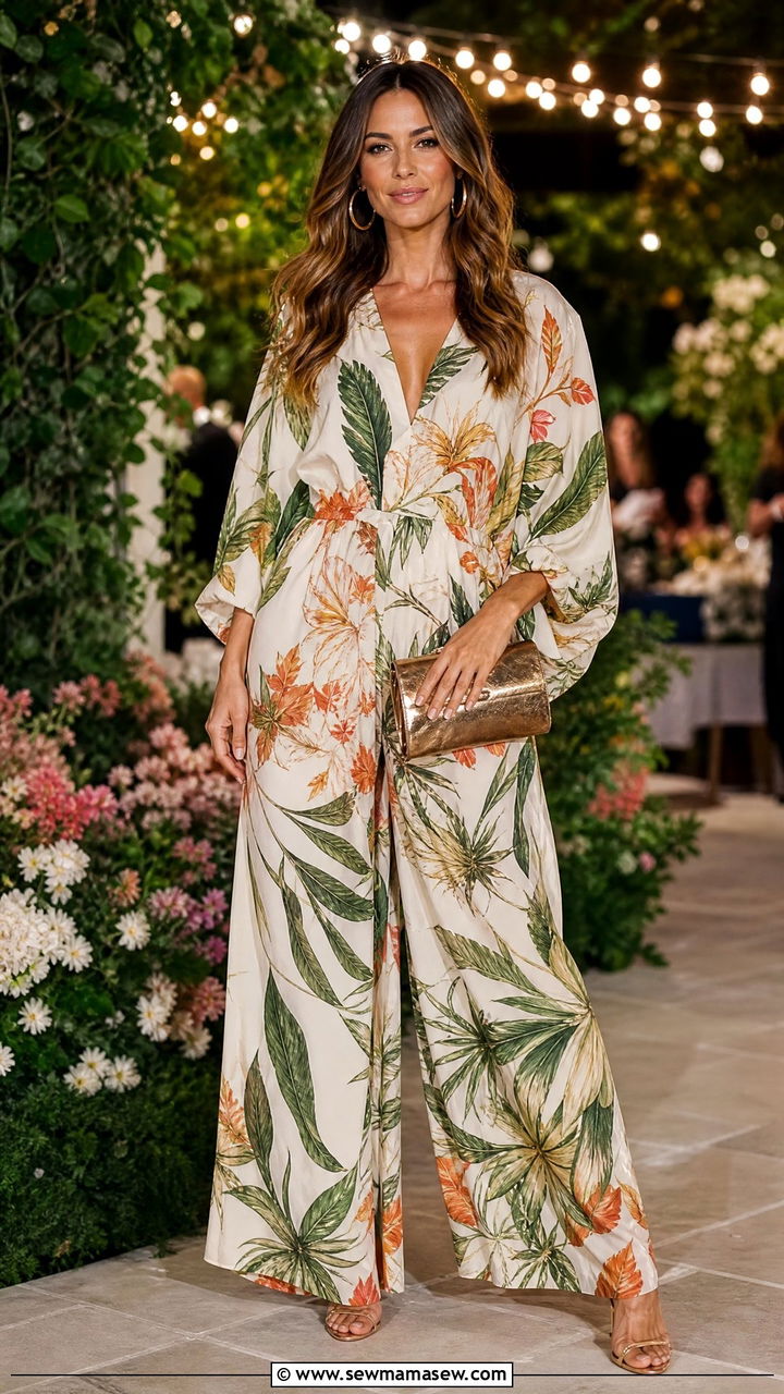 Botanical Print Wide Leg Jumpsuit with Hoop Earrings - 35 Garden party outfit ideas