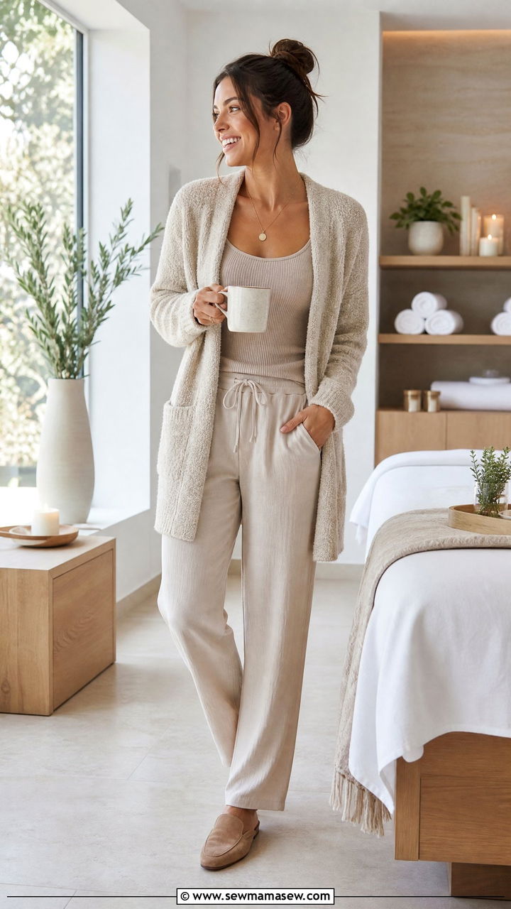 Boucle Cardigan With a Tank and Drawstring Pants - 30 Cozy spa day outfit ideas