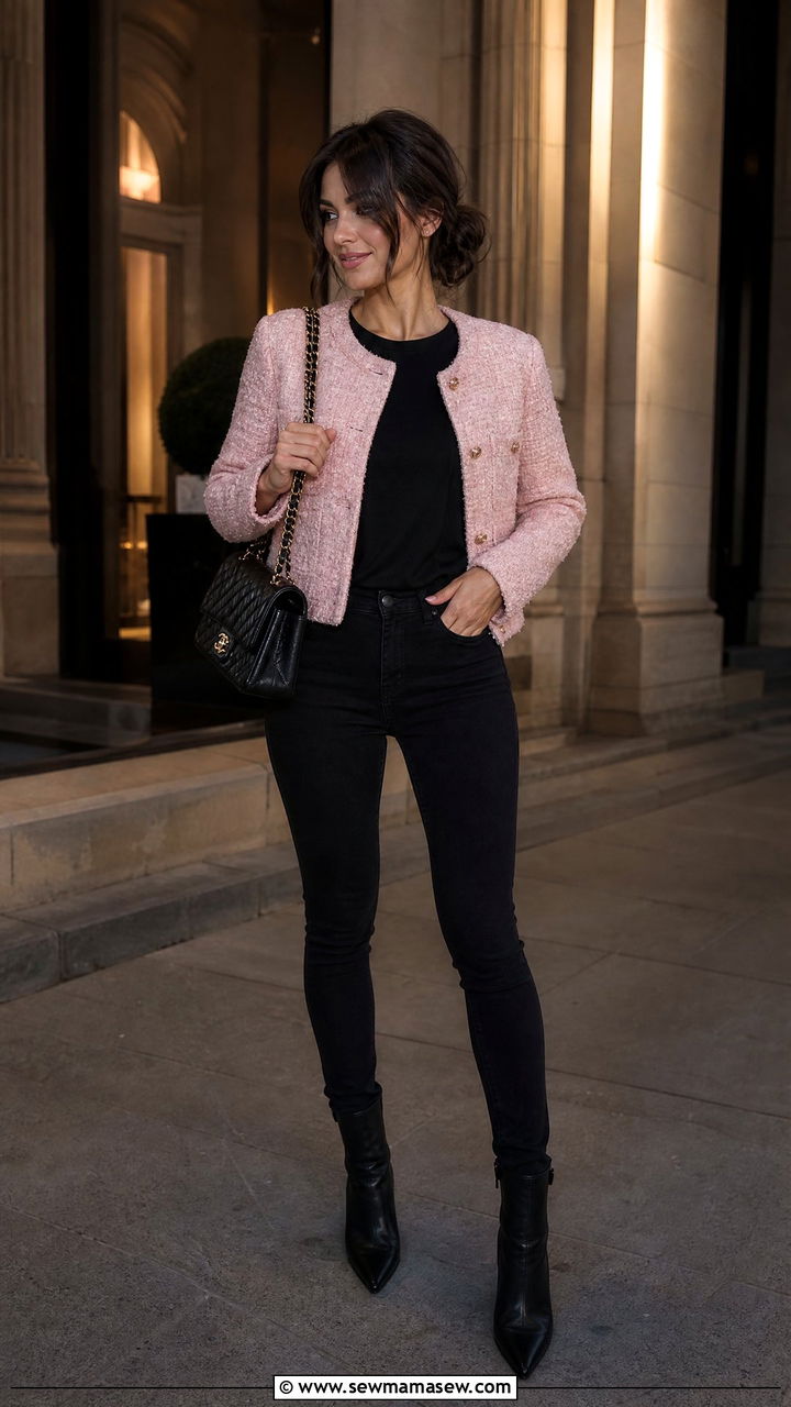Boucle Jacket With Black Skinny Jeans And Chanel Bag - 30 French girl outfit ideas with Chanel bag