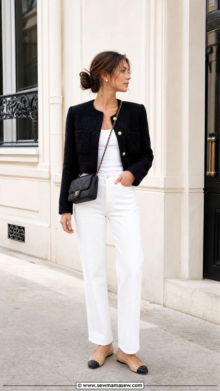 Boucle Jacket With White Jeans and Two Tone Ballet Flats Messy Bun - 25 French girl outfit ideas with messy bun