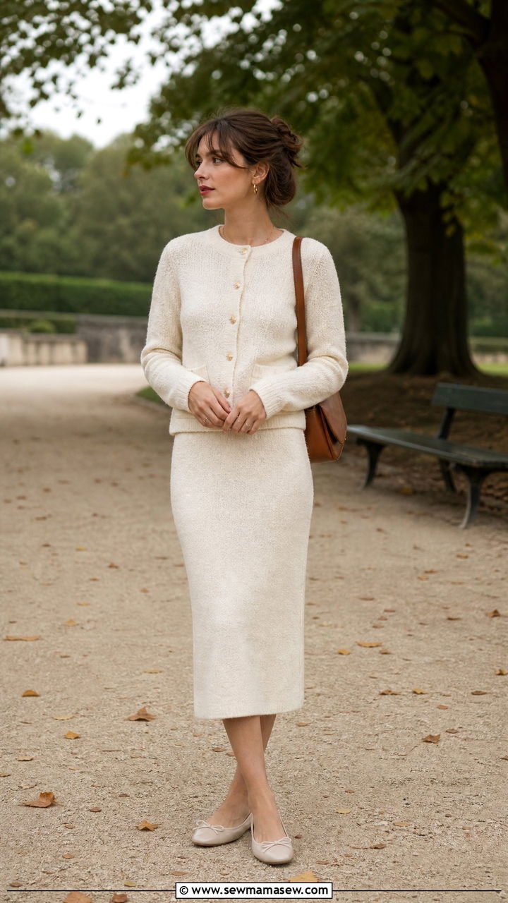 Boucle Knit Cardigan With a Knit Midi Skirt and Ballet Flats - 30 French girl outfits 2026