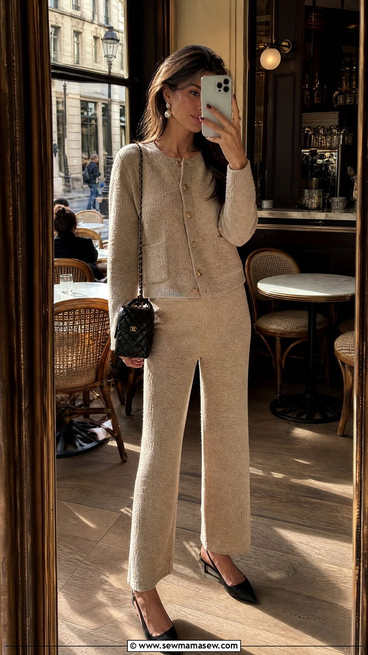 Boucle Knit Set with Slingback Heels - 30 Luxury loungewear outfit ideas