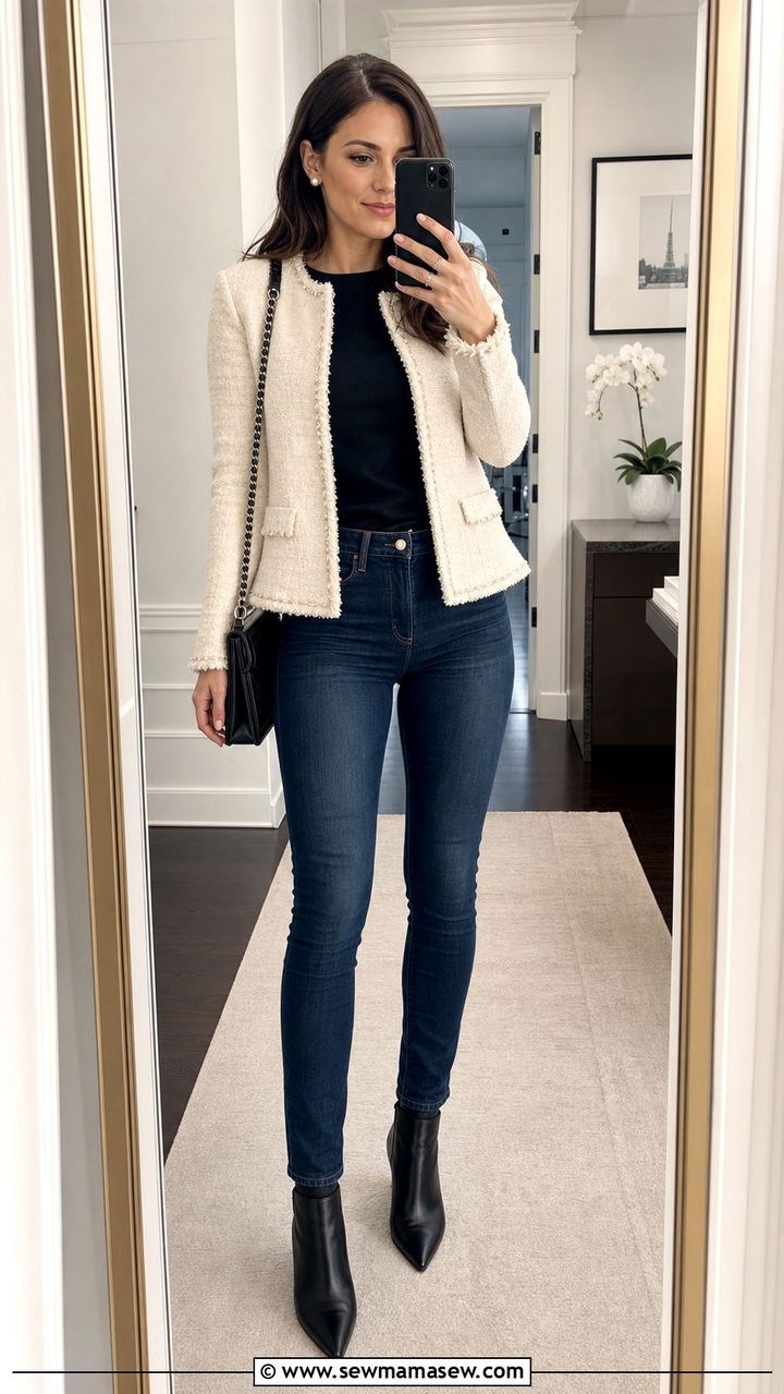 Boucle jacket and dark denim outfit - 35 Business casual outfits for young professionals