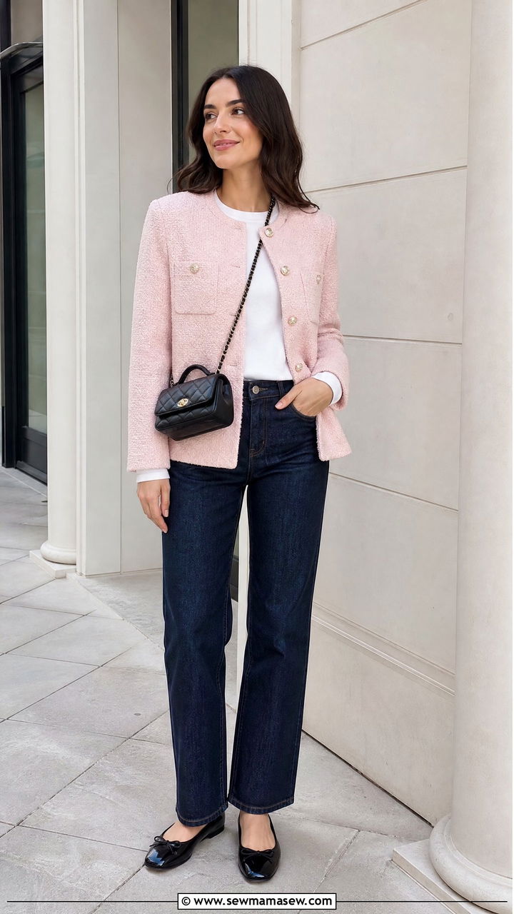 Boucle jacket and dark wash straight leg jeans - 30 modest brunch outfit ideas