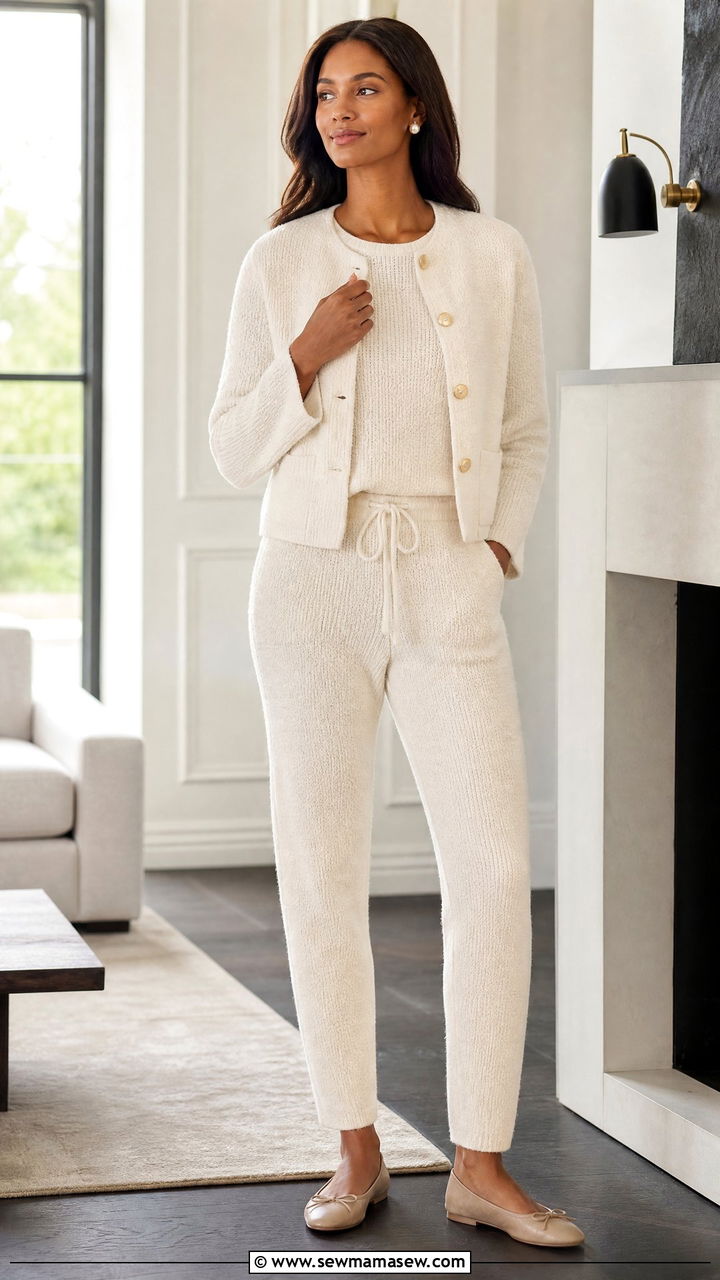 Boucle knit lounge set with slim pants and ballet flats - 25 Loungewear 3 piece set outfit ideas