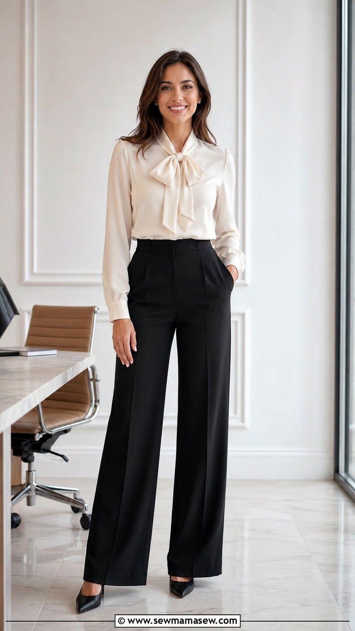 Bow Blouse and Wide Leg Pants - 25 Work outfits for pear shape