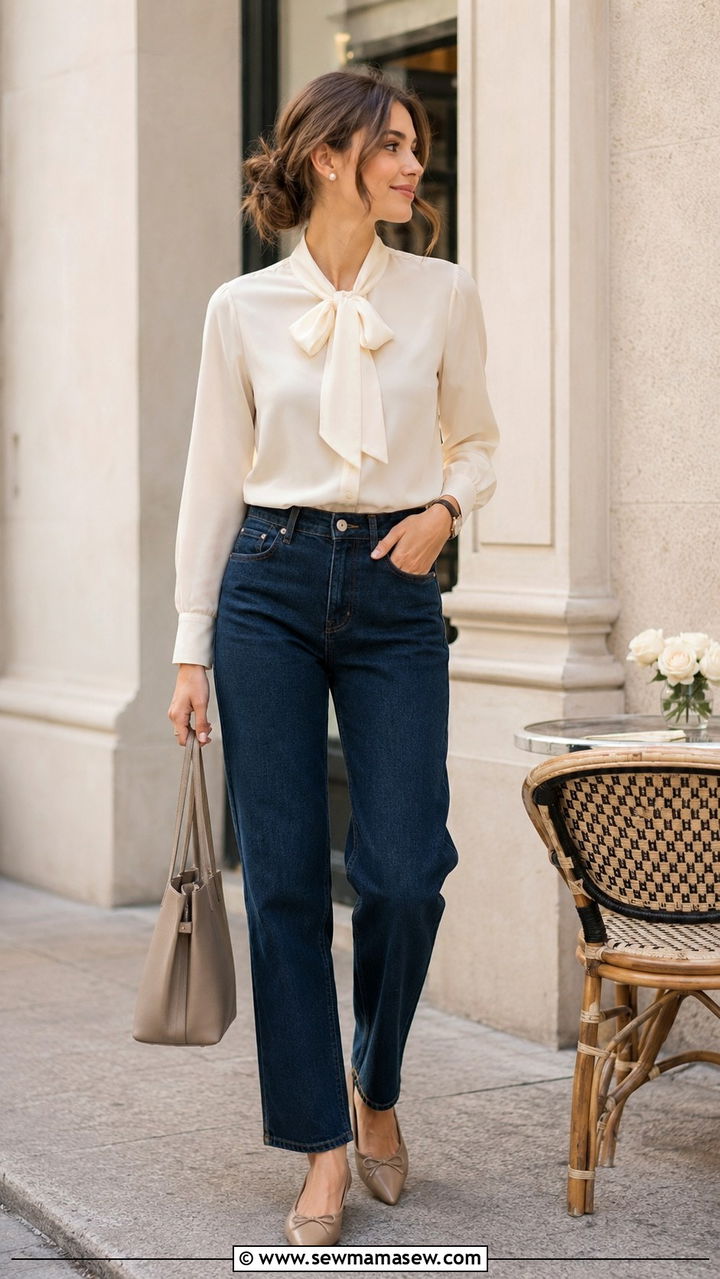 Bow Tie Blouse with High Rise Jeans - 30 casual romantic outfits
