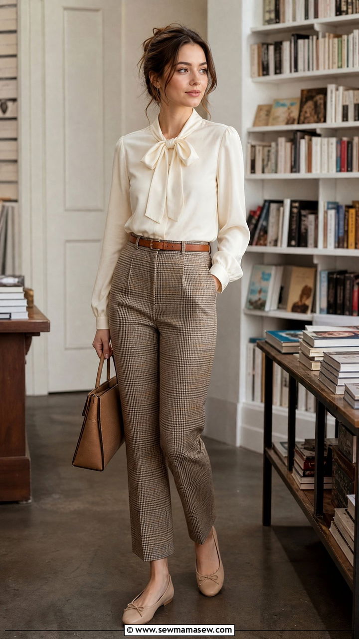 Bow blouse with plaid trousers and ballet flats outfit - 40 light academia outfits