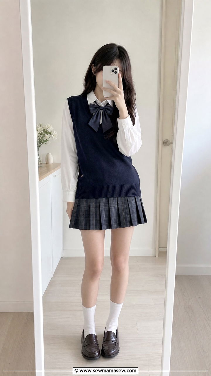 Bow tie styled with blouse and V neck sweater vest outfit - 30 School uniform hacks outfit ideas