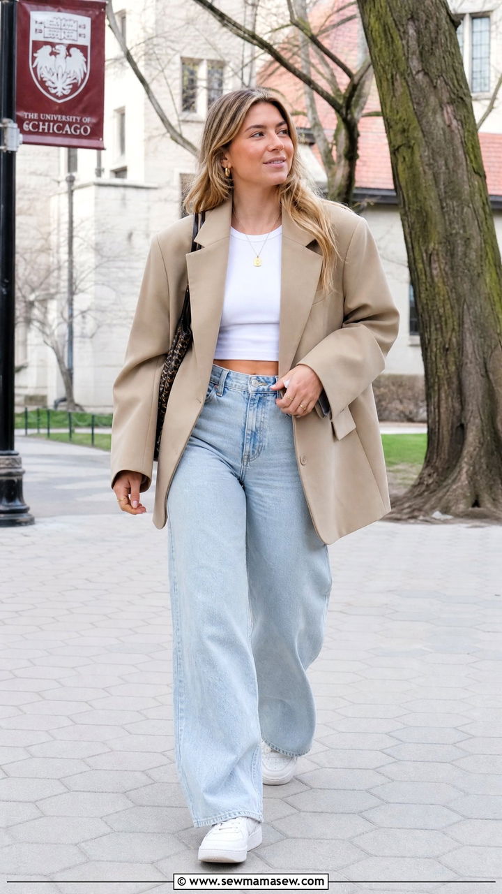 Box Cut Blazer with Crop Top and Wide Leg Jeans - 30 First day of college outfit ideas 2026