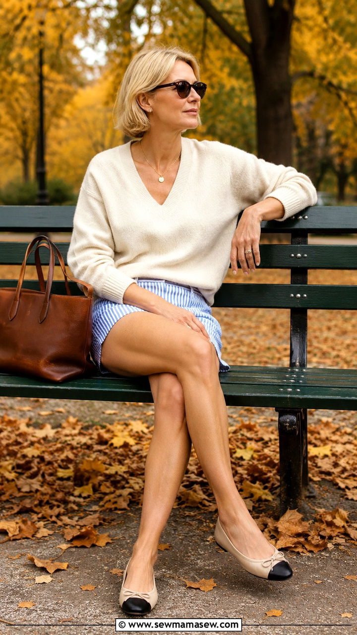 Boxer Shorts With a Cashmere Sweater and Ballet Flats - 25 Pajama outfit ideas for women over 40
