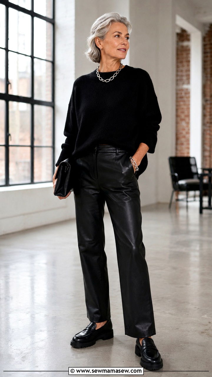 Boxy Black Sweater with Leather Trousers and Loafers - 30 scandinavian outfit ideas for women over 40
