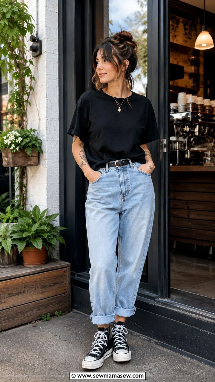 Boxy Black Tee with Cuffed Boyfriend Jeans and Platform Converse - 30 Spring outfit ideas for barista