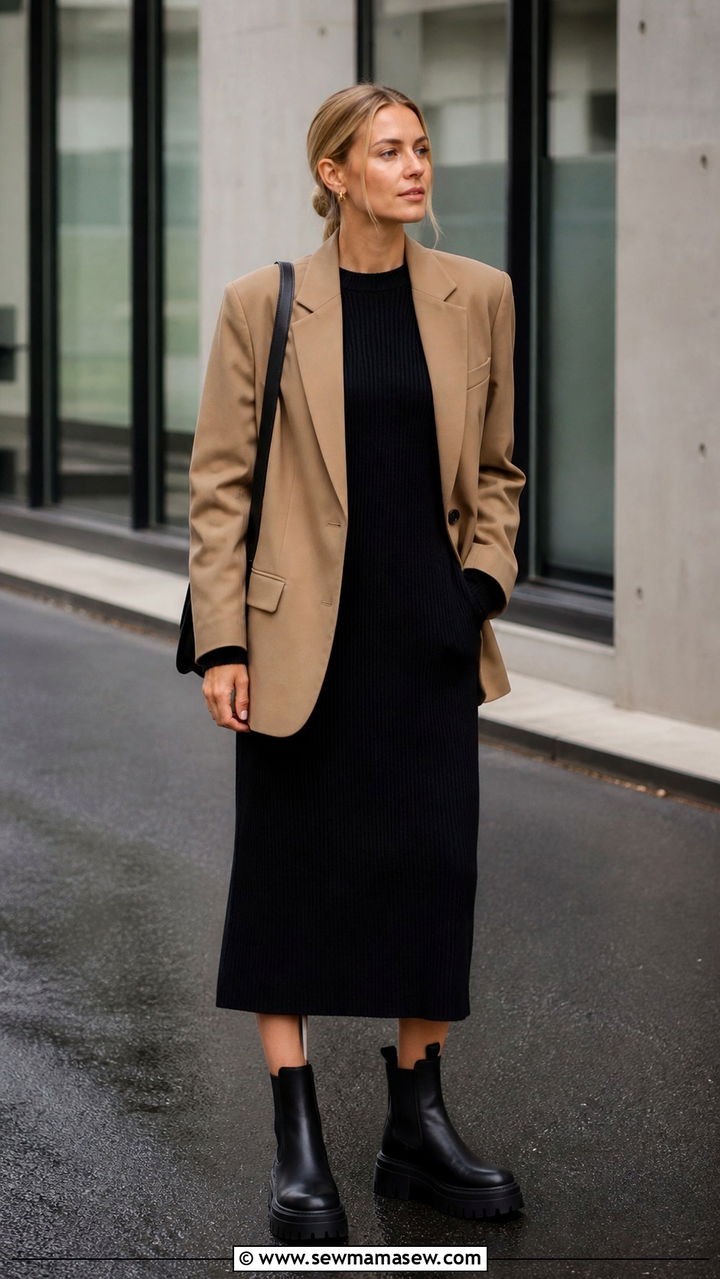 Boxy Blazer With Knit Dress And Chunky Boots - 30 casual scandinavian outfits