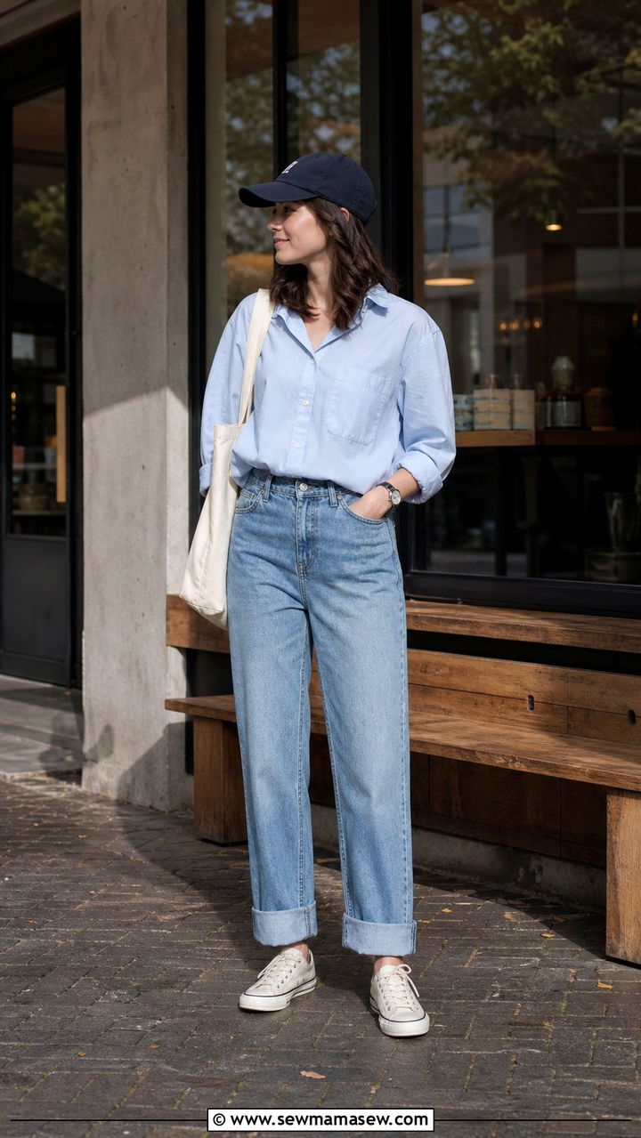 Boxy Button Up With Straight Leg Jeans and a Canvas Tote - 40 Korean outfit ideas