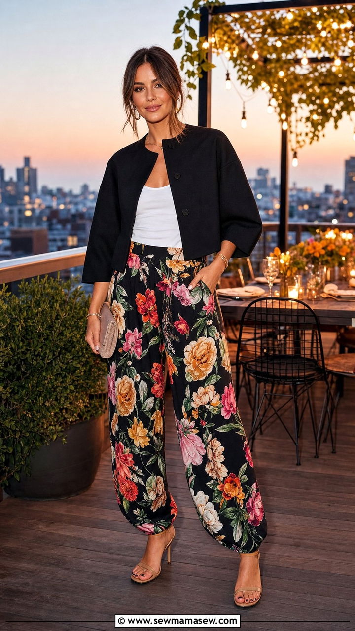 Boxy Cropped Jacket With Printed Balloon Pants Outfit - 35 balloon pants outfits ideas
