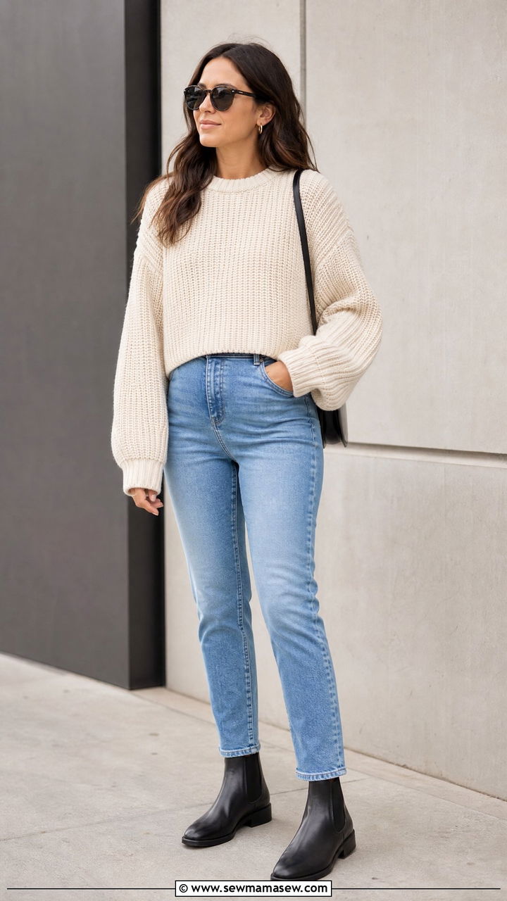Boxy Cropped Sweater With High Waisted Maternity Jeans - 25 Maternity outfit ideas hiding bump