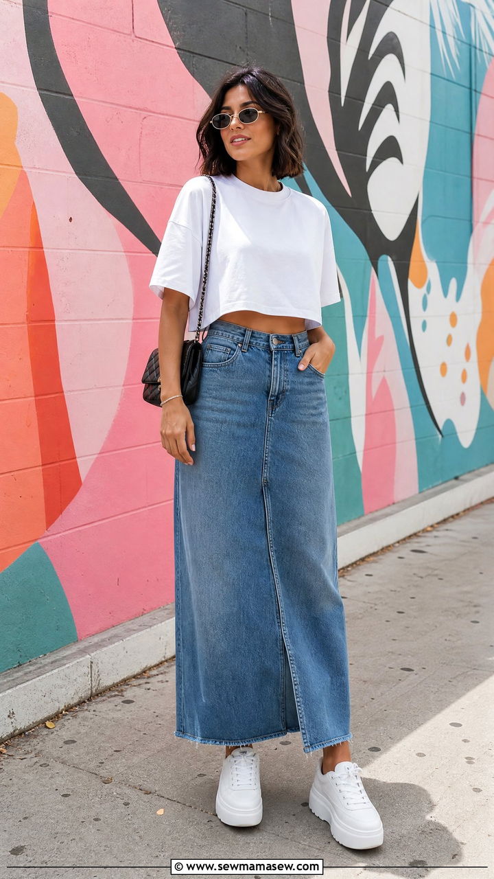 Boxy Cropped Tee and Platform Sneakers With a Raw Hem Denim Maxi Skirt - 30 denim maxi skirt outfit ideas