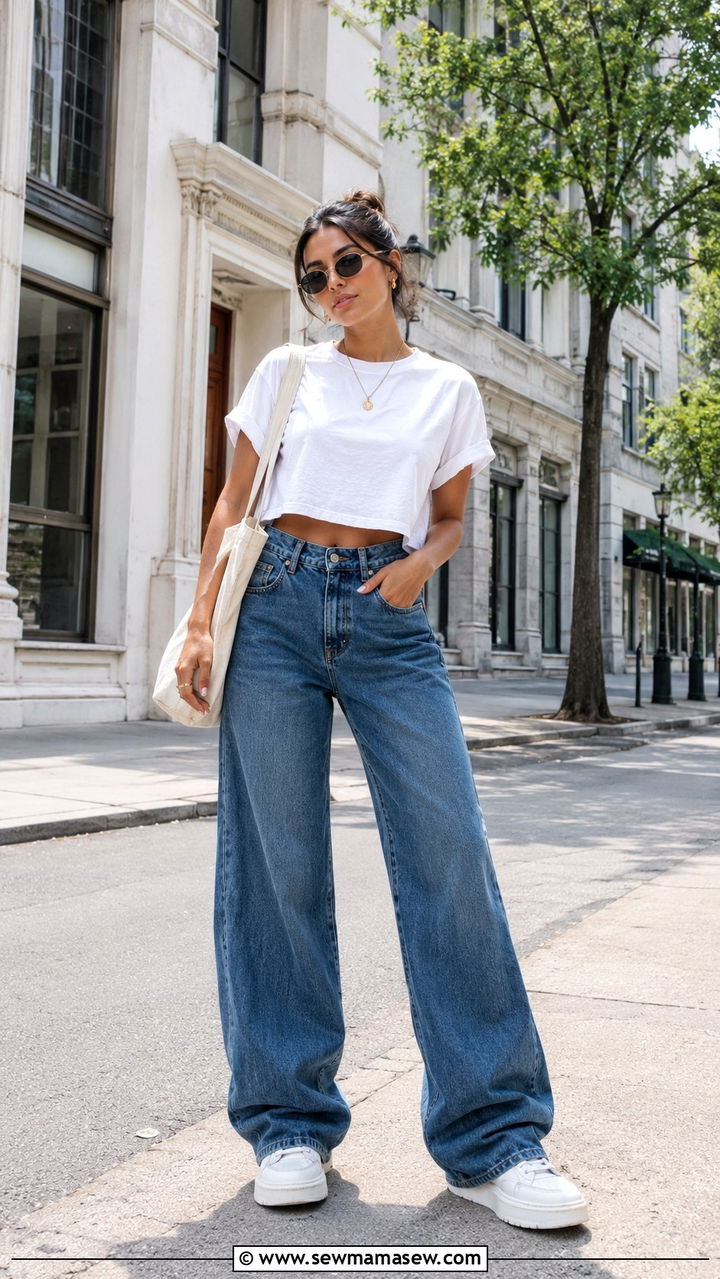 Boxy Cropped Tee with High Waisted Wide Leg Jeans and Platform Sneakers - 30 Chill summer outfit ideas