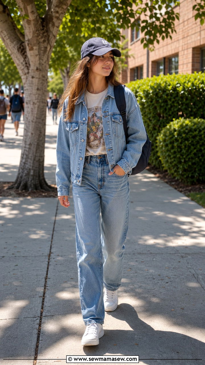 Boxy Denim Jacket with Graphic Tee Outfit - 25 School outfit ideas for teens spring 2026