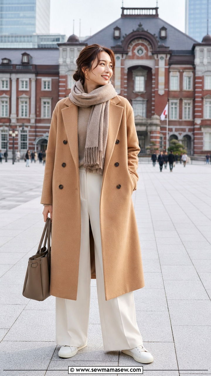 Boxy Double Breasted Coat With Sweater and Wide Pants - 30 Tokyo outfit ideas