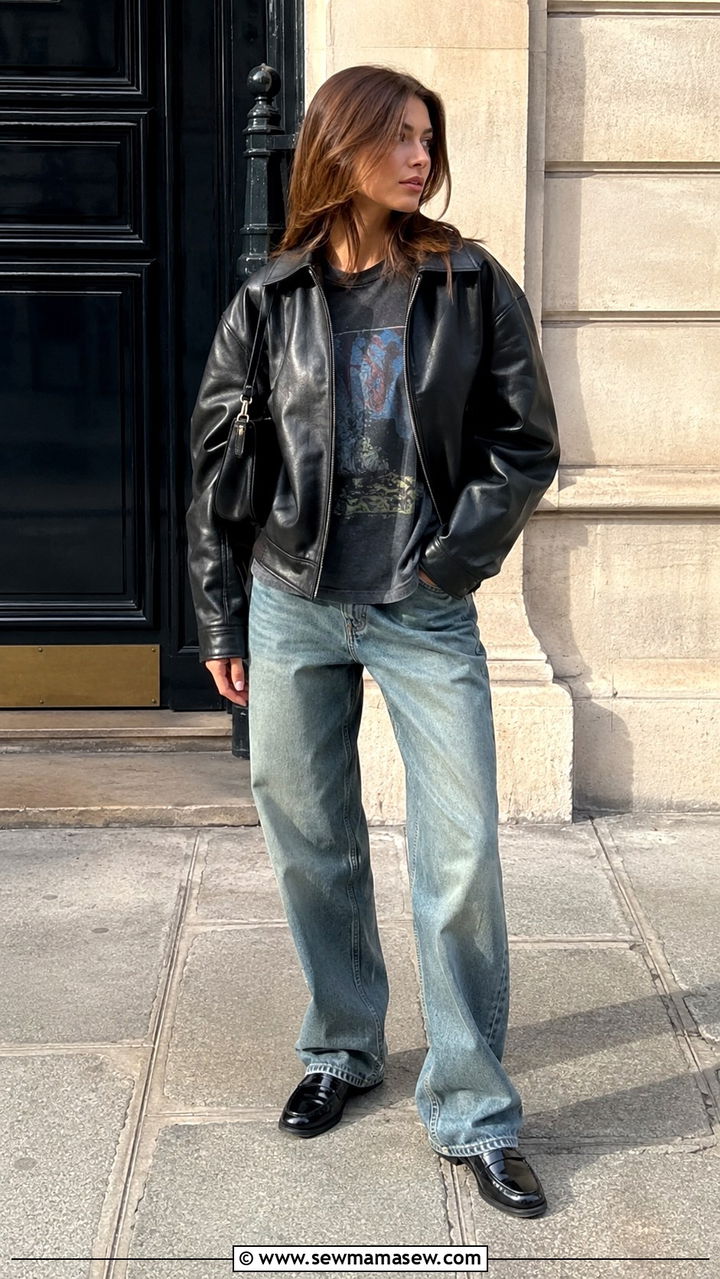 Boxy Leather Jacket with Baggy Jeans and Loafers - 20 Model off duty loungewear outfit ideas