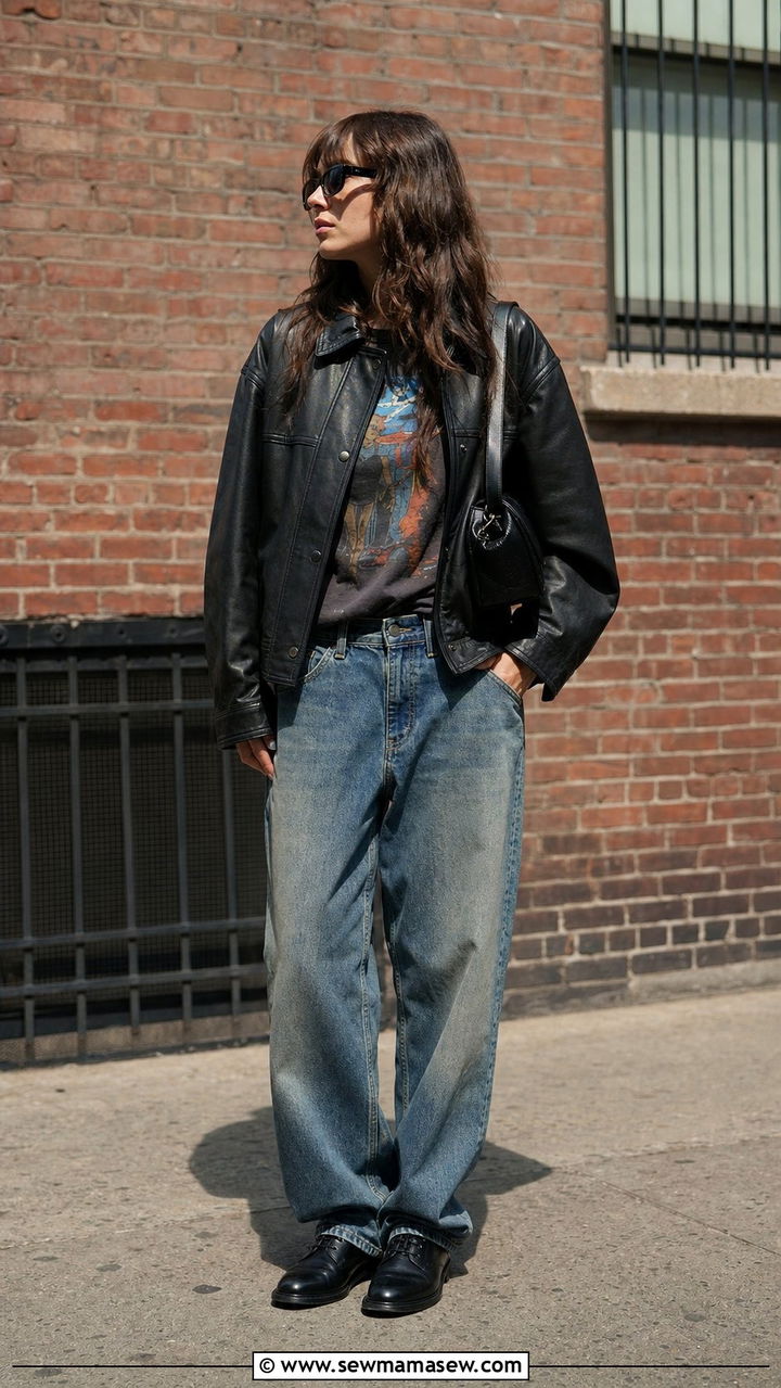 Boxy Leather Jacket with Graphic Tee and Baggy Jeans - 25 spring model off duty outfits