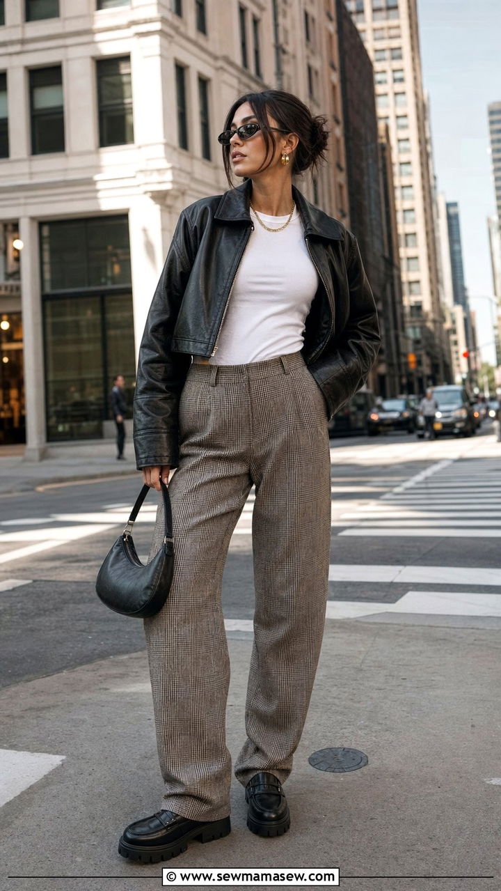 Boxy Leather Jacket with Plaid Trousers and Chunky Loafers - 25 spring 90s outfit ideas