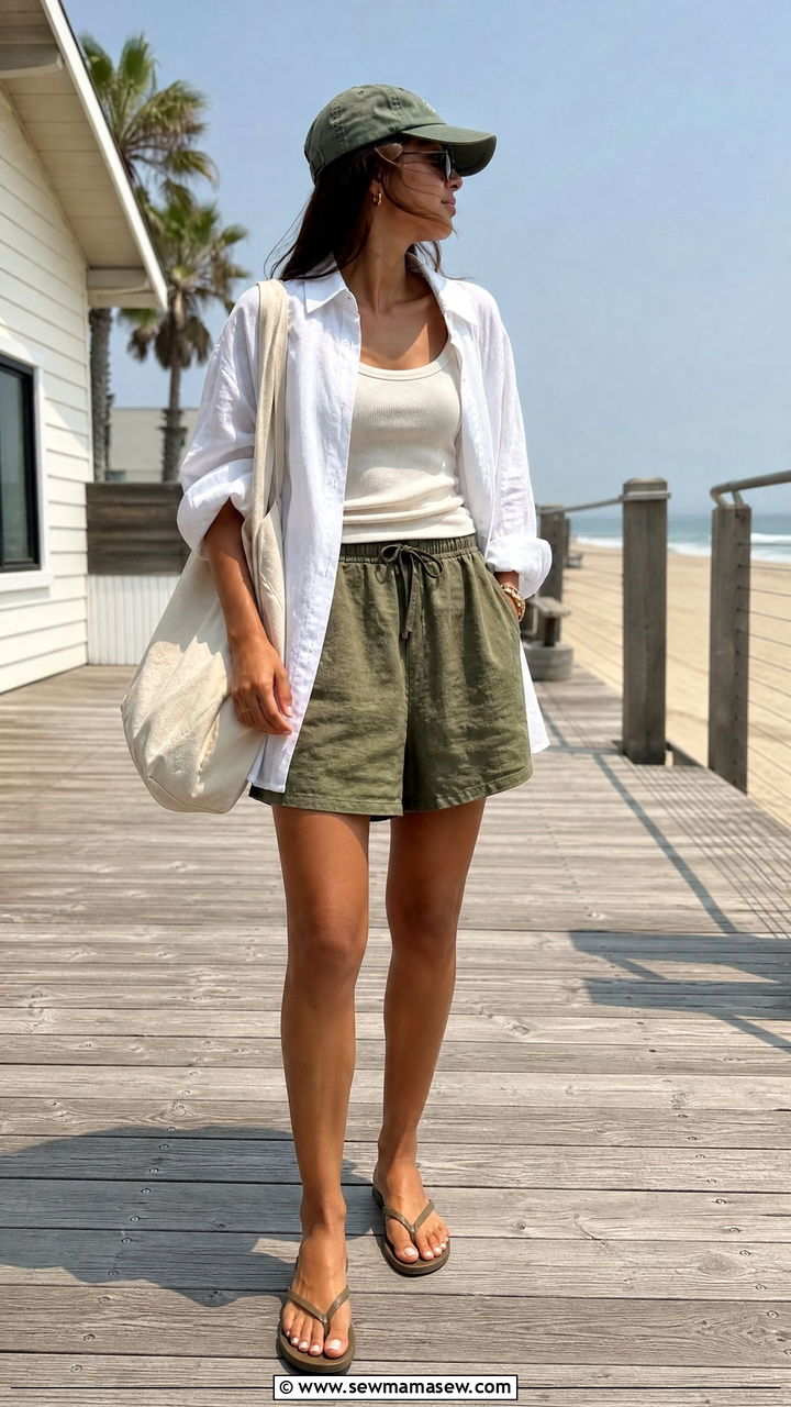 Boxy Linen Shorts With Oversized Button Down Outfit - 30 Summer cozy outfit ideas