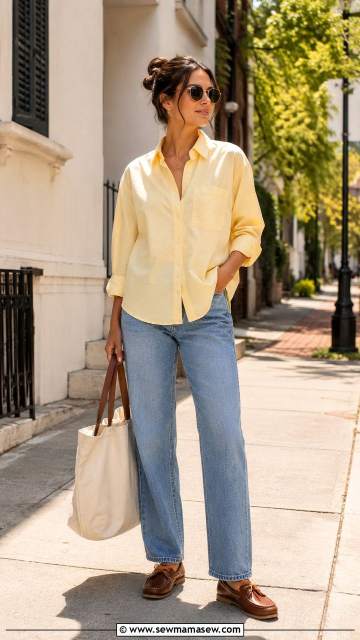 Boxy Oxford Shirt with Straight Jeans and Boat Shoes - 30 Spring preppy outfits 2026