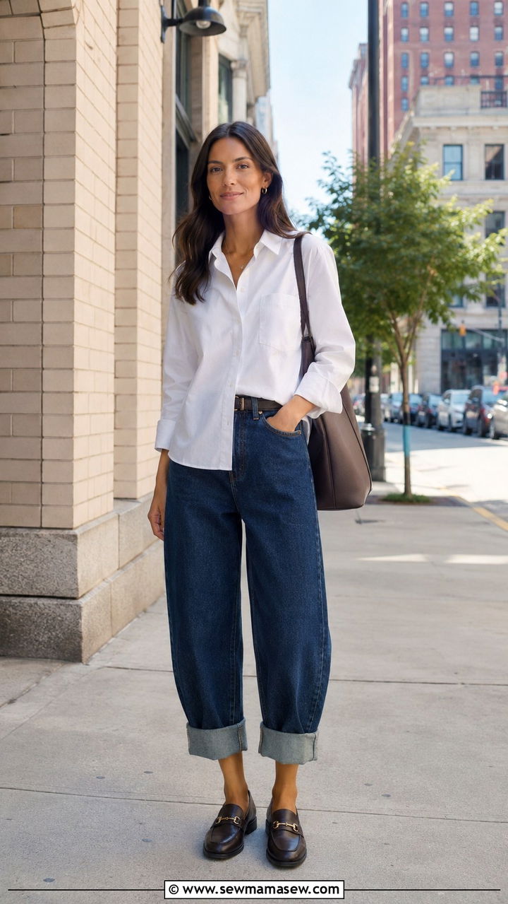 Boxy Poplin Button Down With Cuffed Barrel Jeans and Loafers - 25 Barrel jeans outfit ideas with a button down