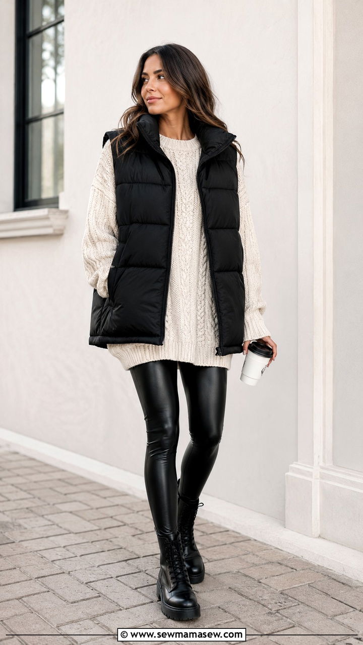 Boxy Puffer Vest Over Chunky Knit And Leggings - 30 casual edgy outfits
