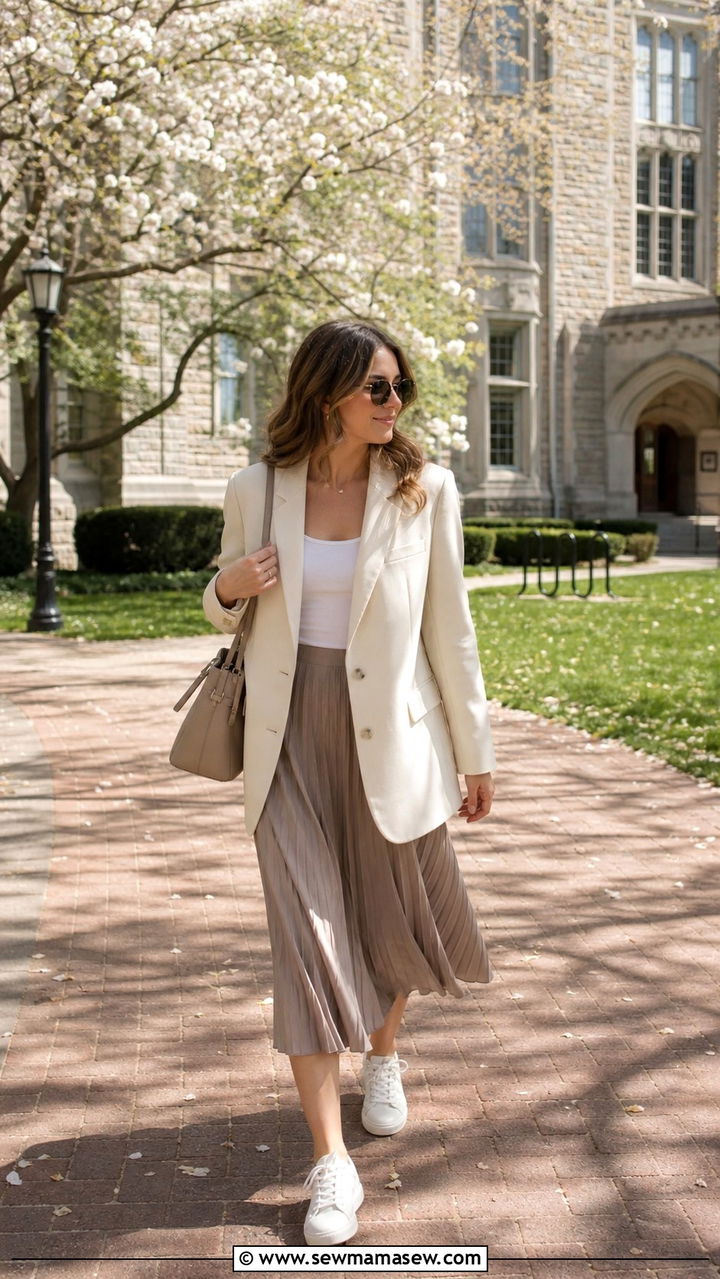 Boxy blazer and pleated midi skirt spring outfit - 40 Casual spring outfits